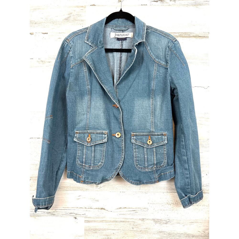 JeanStar Womens L Light Wash Blue Denim Retro Jean Jacket Blazer Casual